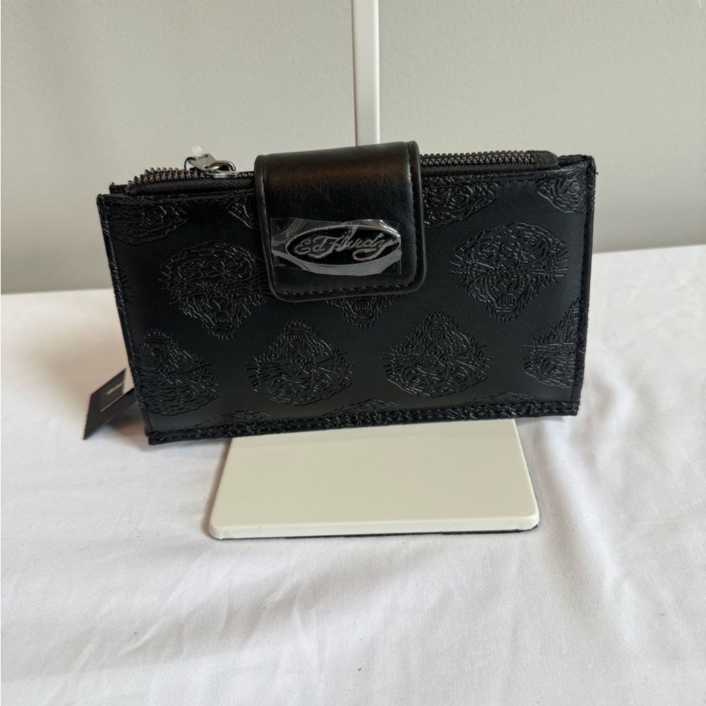 Ed Hardy Black Embossed Leather Snap & Zip Wallet